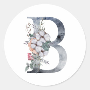 Blue Floral Monogram Initial B Classic Round Sticker