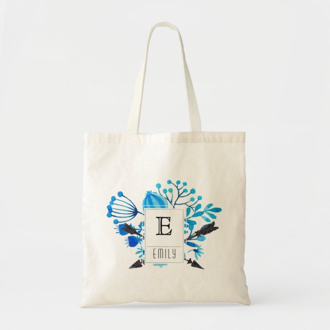 Blue Floral Monogram Initial Personalised Tote Bag (Front)
