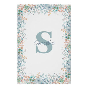 Blue Floral Monogram Name  Poster