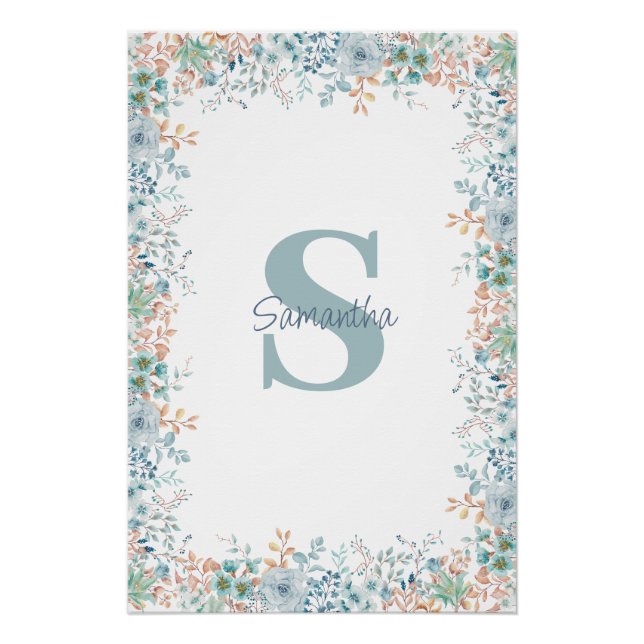 Blue Floral Monogram Name  Poster (Front)