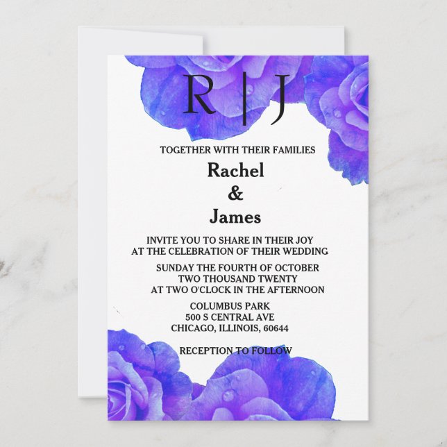 Blue Floral Monogram Rose Flowers Blooms Wedding Invitation (Front)