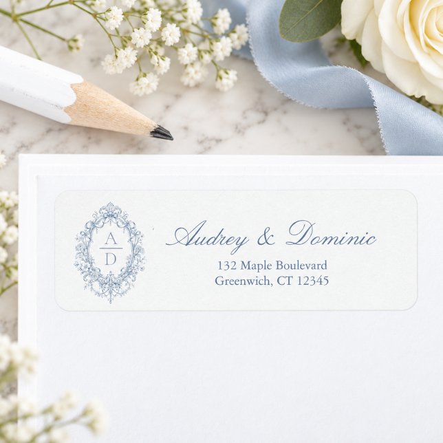 Blue Floral Monogram Wedding Return Address (elegant blue toile monogram crest script calligraphy old money wedding return address labels)