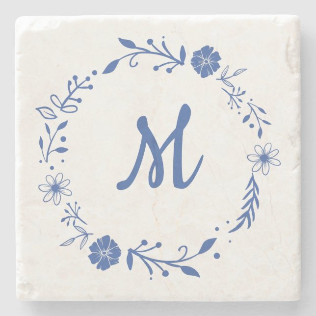 Blue Floral Monogram Wreath Design Stone Coaster (Front)