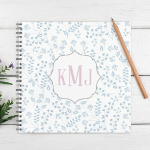 Blue Floral Monogrammed Custom Personalised Notebook