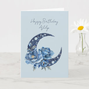 Blue Floral Moon Birthday Card