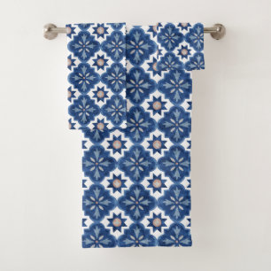 Blue Floral Moroccan Tile Pattern Bath Towel Set