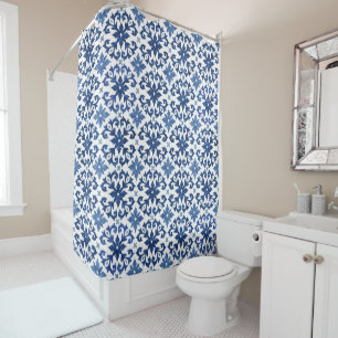 Blue Floral Moroccan Tile Pattern Shower Curtain