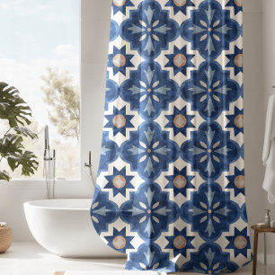 Blue Floral Moroccan Tile Pattern Shower Curtain