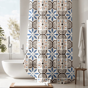 Blue Floral Moroccan Tile Pattern Shower Curtain
