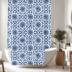 Blue Floral Moroccan Tile Pattern Shower Curtain