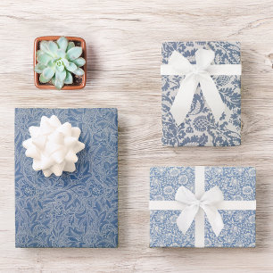 Blue Floral Morris Patterns with Vintage Flowers  Wrapping Paper Sheet