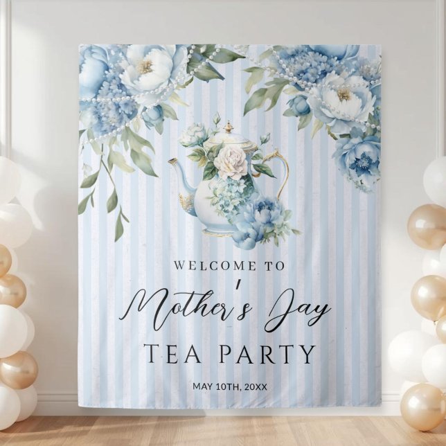 Blue Floral Mother's Day Tea Party Backdrop Tapestry (Elegant Blue Floral Mother's Day Tea Party backdrop)