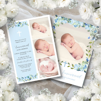 Blue Floral Multiphoto Baptism for Boys Invitation