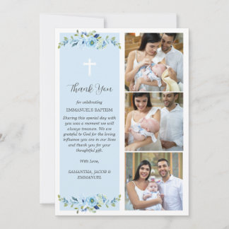 Blue Floral Multiphoto Baptism for Boys Thank You