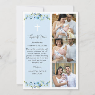 Blue Floral Multiphoto Baptism for Boys Thank You Card