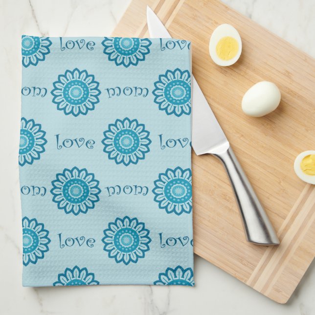 Blue Floral Mum Love Pattern Tea Towel (Quarter Fold)