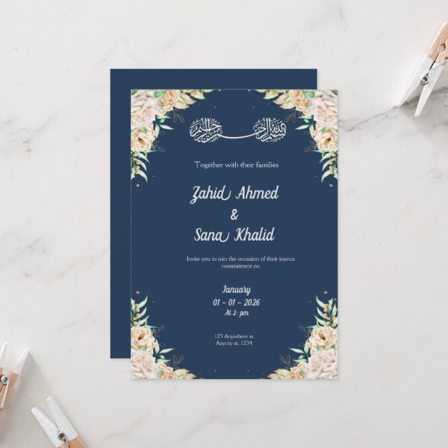 Blue Floral muslim wedding invitation Editable  (Front/Back In Situ)