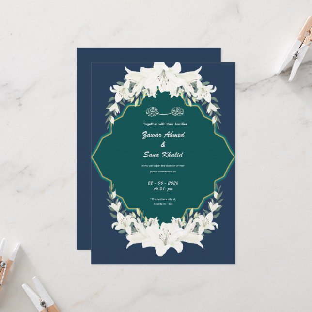 Blue floral Muslim wedding invitation Editable (Front/Back In Situ)