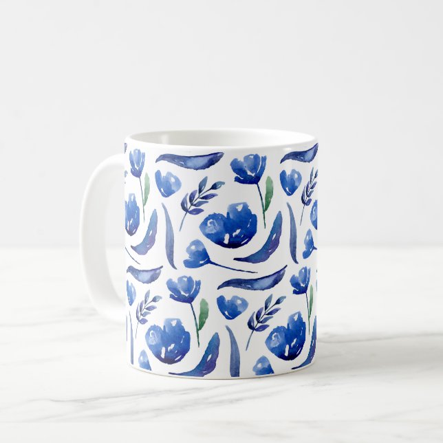 Blue floral. Navy flowers. Botanical feminine Coffee Mug (Front Left)