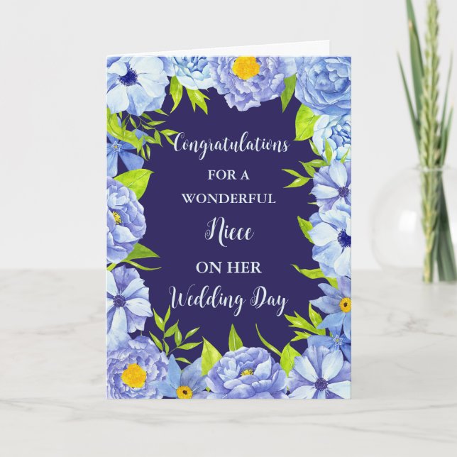 Blue Floral Niece Wedding Day Congratulations Card (Front)