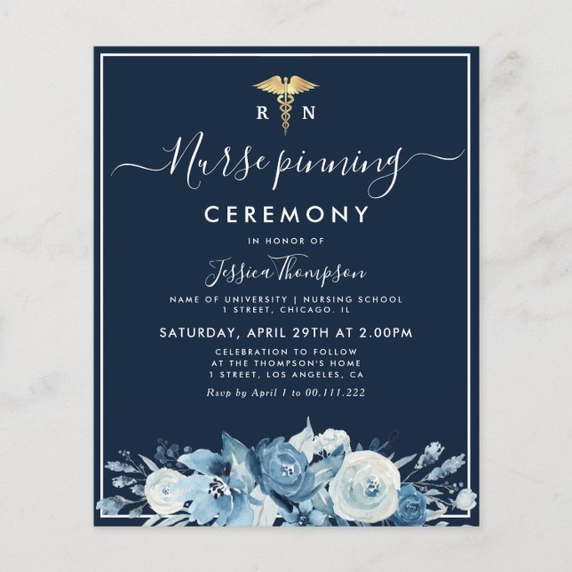 blue floral Nurse pinning ceremony Invitation (Front)