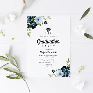 Blue floral nursing graduation party invitation