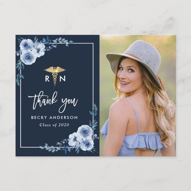 blue floral nursing school graduation thank you postcard (Front)