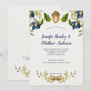 Blue Floral Oak Leaves Acorns Wedding   Invitation
