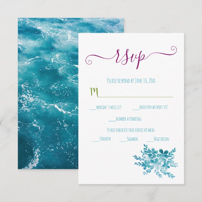 Blue Floral Ocean Wedding RSVP Card (Front/Back)
