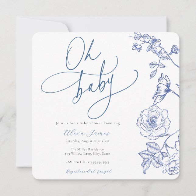 Blue Floral Oh Baby Shower Invitation (Front)