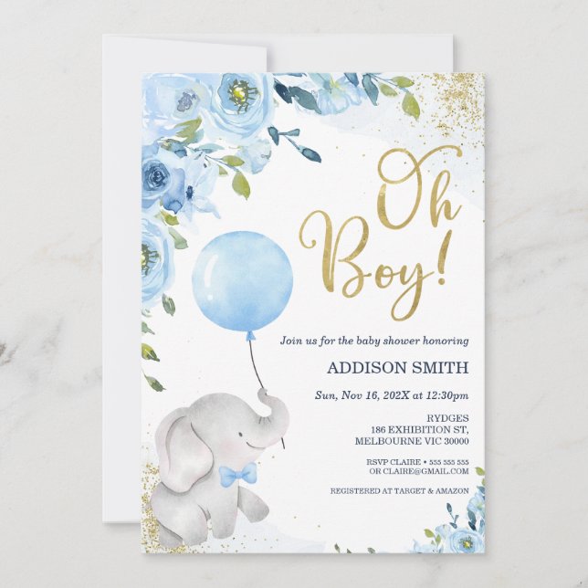 Blue Floral Oh Boy Elephant Baby Shower Invitation (Front)