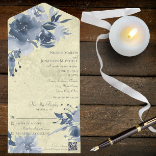 Blue Floral on Distressed Pale Yellow with QR Code All In One Invitation