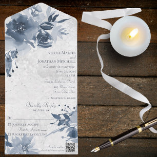 Blue Floral on Distressed White with QR Code All In One Invitation