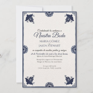 Blue Floral Otomi Simple Fiesta Spanish Wedding Invitation