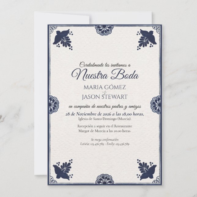 Blue Floral Otomi Simple Fiesta Spanish Wedding Invitation (Front)