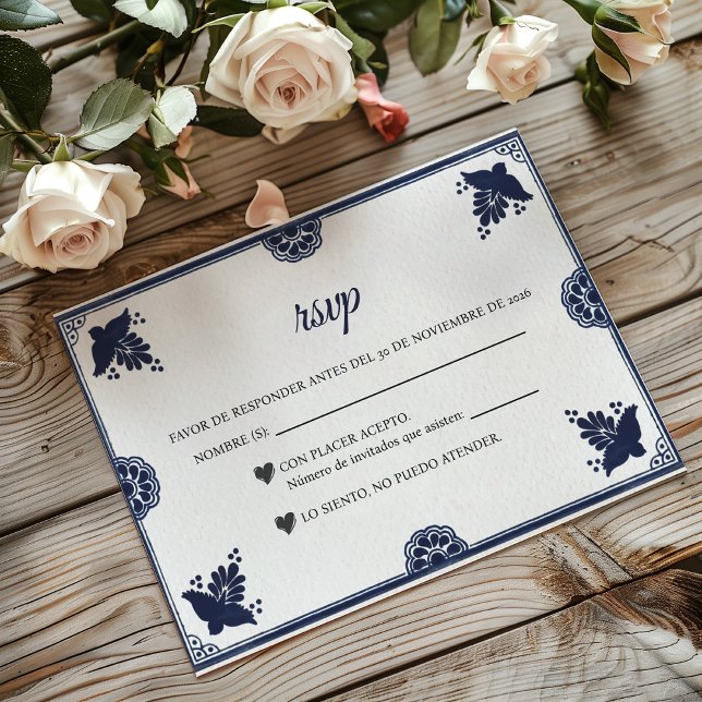 Blue Floral Otomi Simple Fiesta Spanish Wedding RSVP Card (Blue Floral Otomi Simple Fiesta Spanish Wedding RSVP Card)