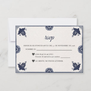 Blue Floral Otomi Simple Fiesta Spanish Wedding RSVP Card