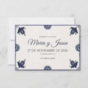 Blue Floral Otomi Simple Fiesta Spanish Wedding Save The Date