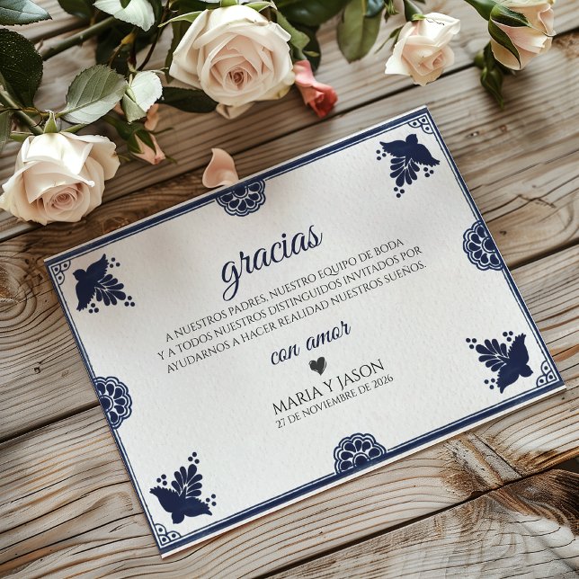 Blue Floral Otomi Simple Fiesta Spanish Wedding Thank You Card (Blue Floral Otomi Simple Fiesta Spanish Wedding Thank You Card)