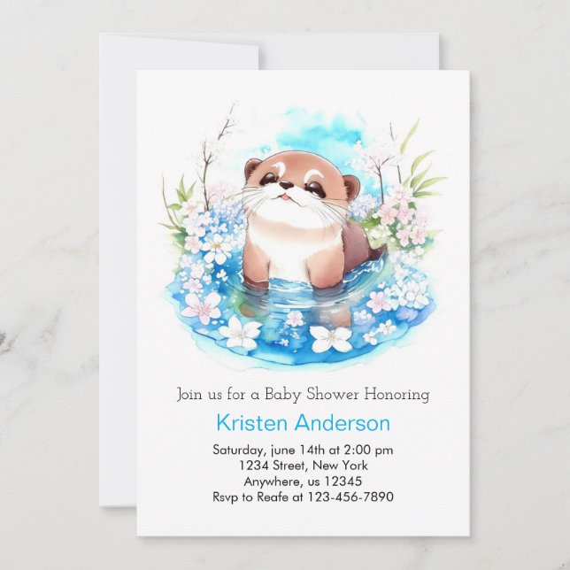 Blue Floral Otter Meadow Boy Baby Shower Invitation (Front)