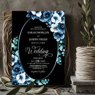 Blue Floral Oval Wedding Invitation