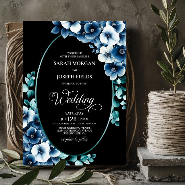 Blue Floral Oval Wedding Invitation (Creator Uploaded)