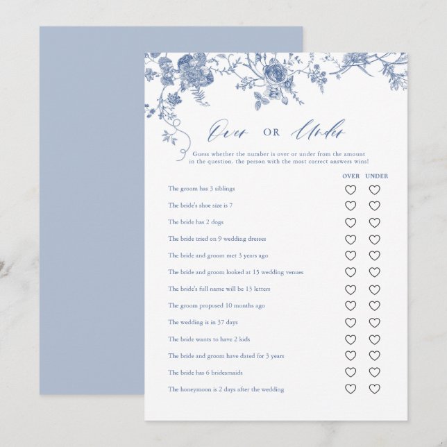 Blue Floral Over or Under Bridal Shower Game Cards (Front/Back)