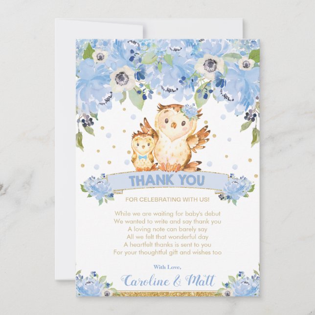 Blue Floral Owl Baby Shower Boy Thank You Card (Front)