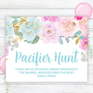 Blue Floral Pacifier Hunt Baby Shower Game Sign