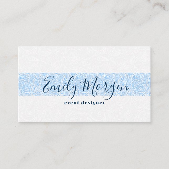 Blue floral paisley stripe on white background business card (Front)