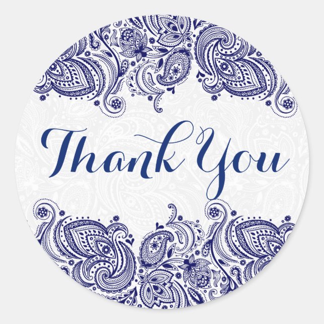 Blue Floral Paisley White Background Classic Round Sticker (Front)