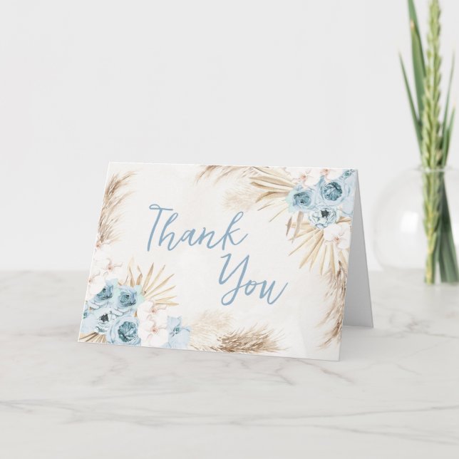 Blue Floral Pampas Grass Baby Shower Thank You Card (Front)