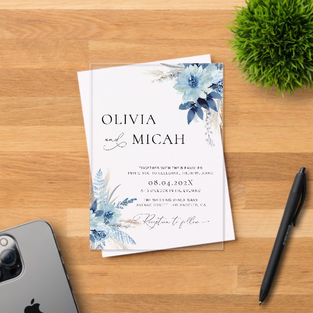 blue floral pampas wedding acrylic invitations (Insitu (Invitation Card))