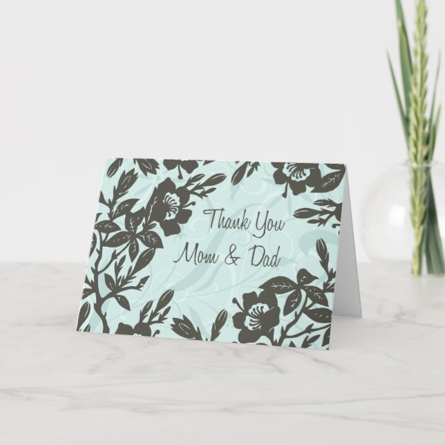 Blue Floral Parents  Wedding Day Thank You Card (Front)